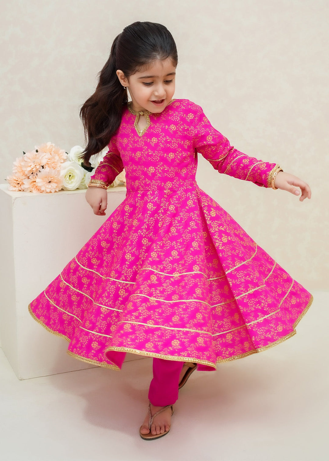 Modest - Rawsilk Printed Frock For Girl - Pink - 3 Piece