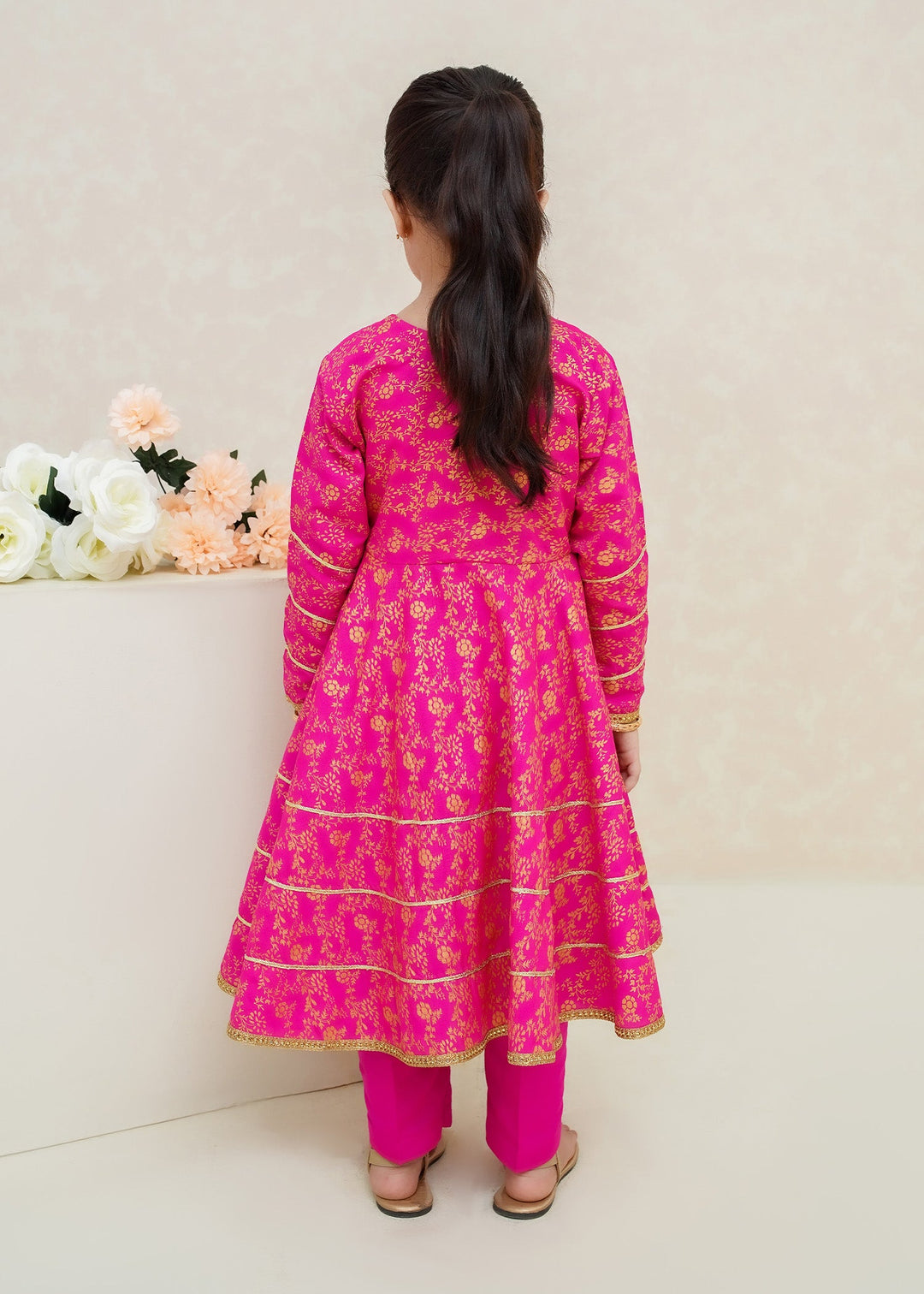 Modest - Rawsilk Printed Frock For Girl - Pink - 3 Piece