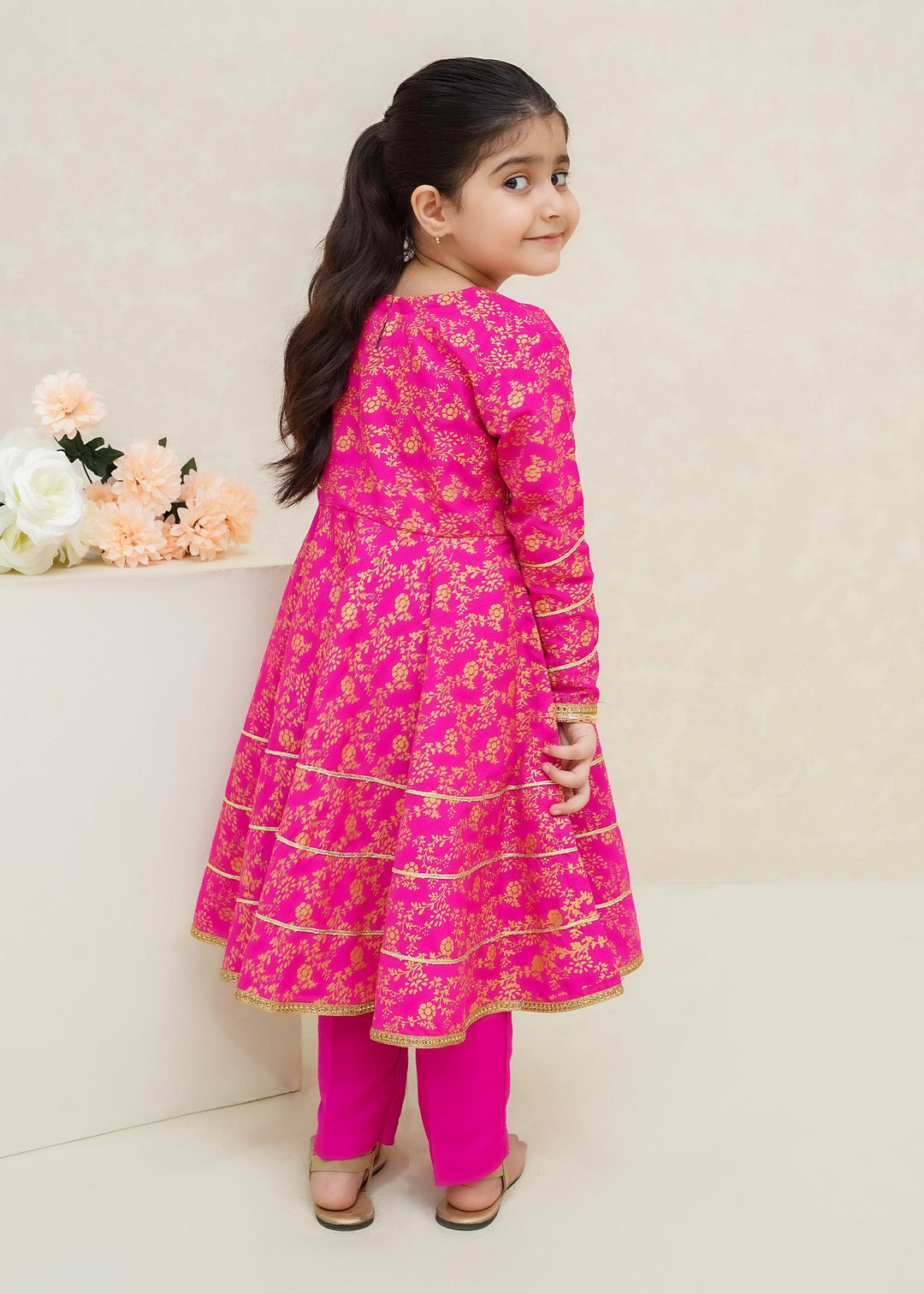 Modest - Rawsilk Printed Frock For Girl - Pink - 3 Piece