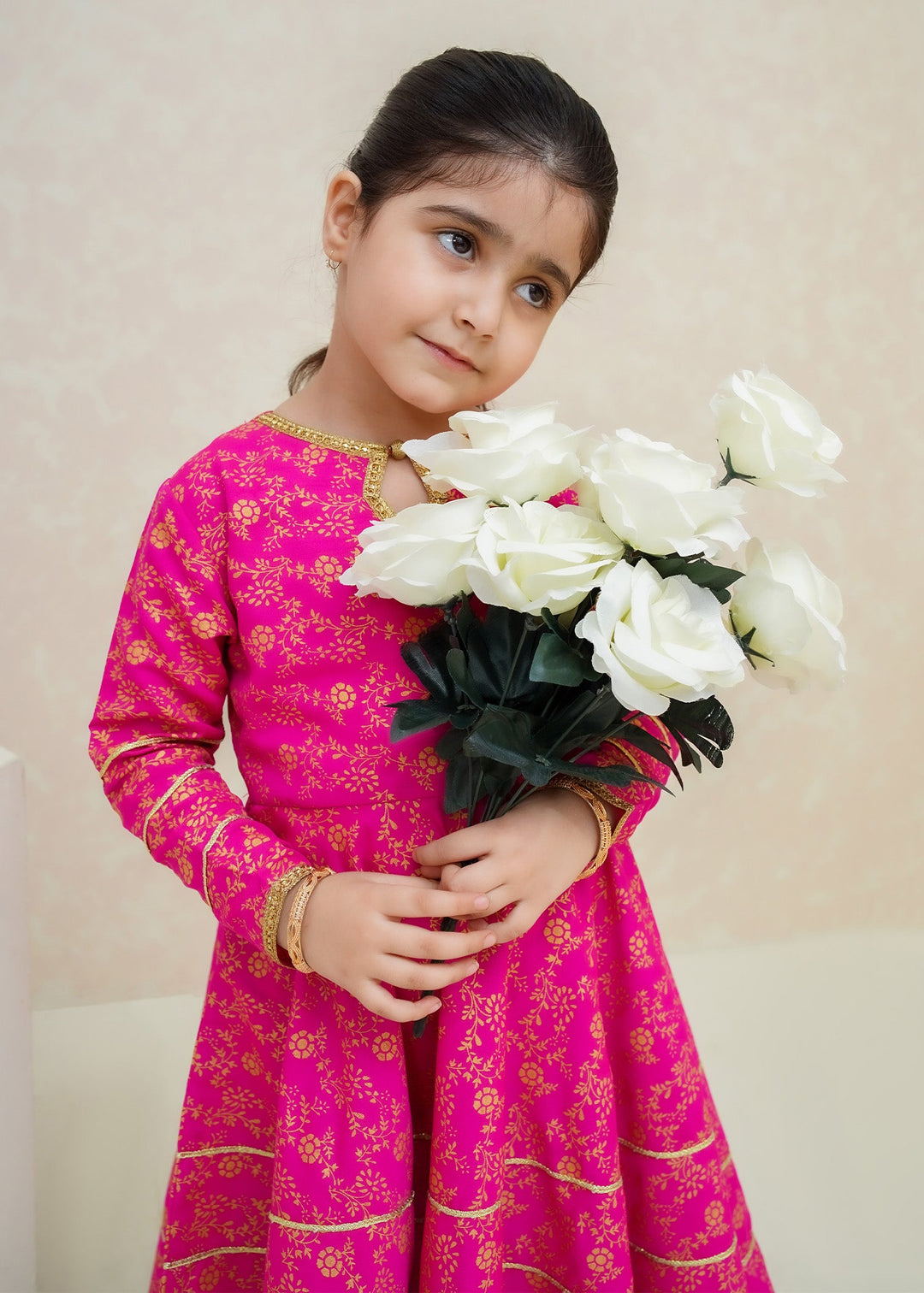 Modest - Rawsilk Printed Frock For Girl - Pink - 3 Piece