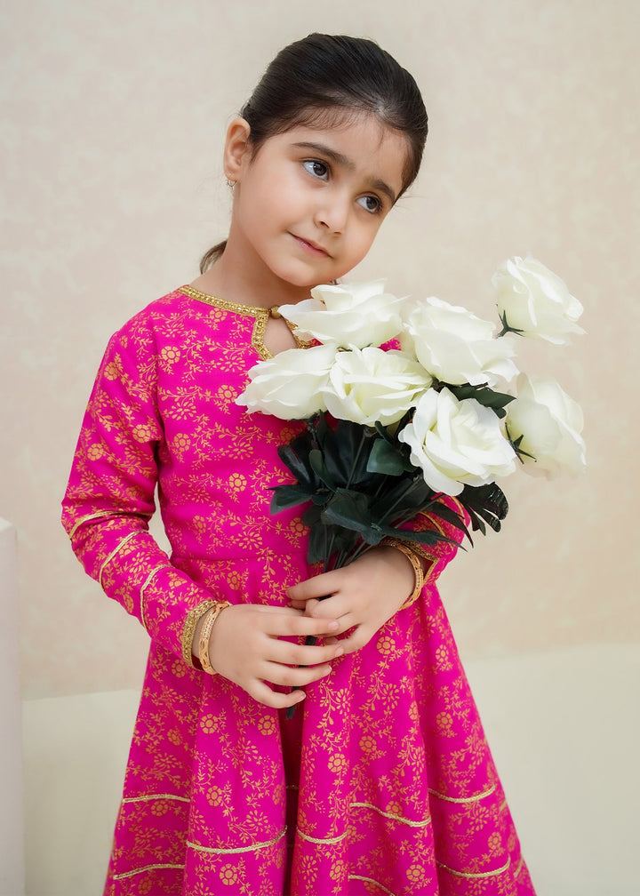 Modest - Rawsilk Printed Frock For Girl - Pink - 3 Piece