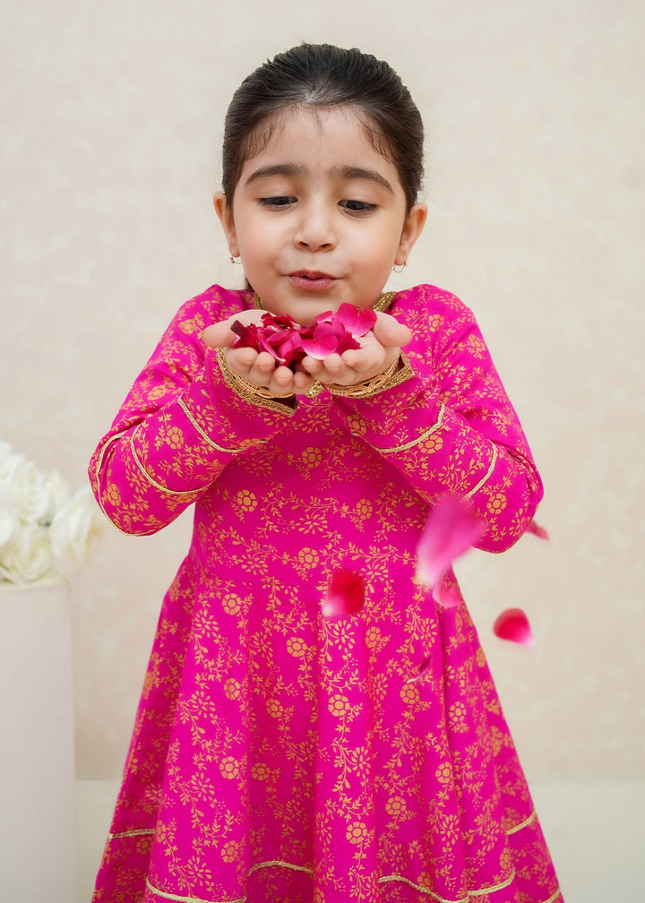 Modest - Rawsilk Printed Frock For Girl - Pink - 3 Piece
