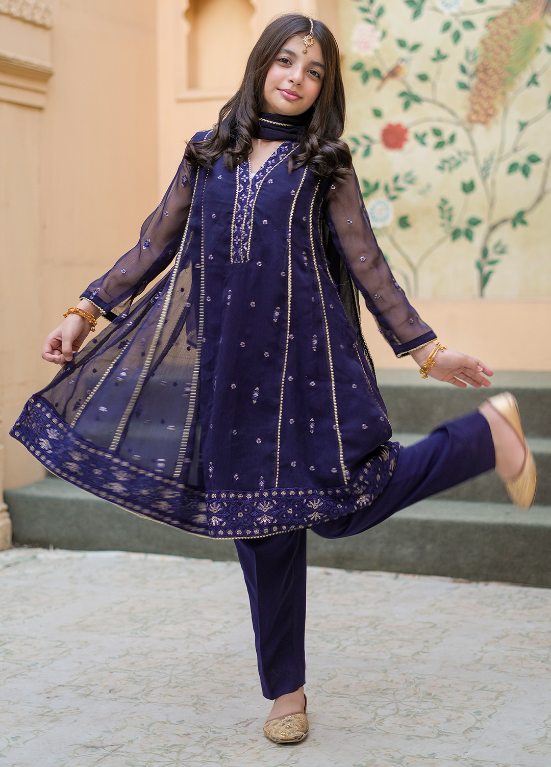 Modest Embroidered Crinkle Suit Blue 3 Piece