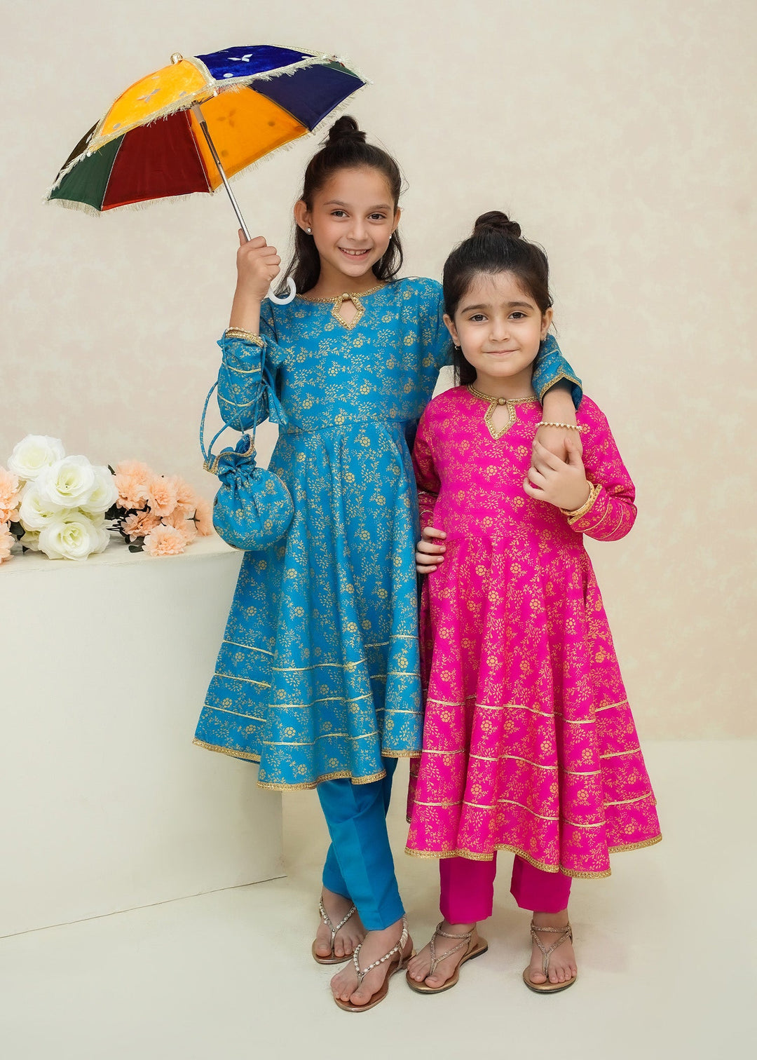 Modest - Rawsilk Printed Frock For Girl - Pink - 3 Piece