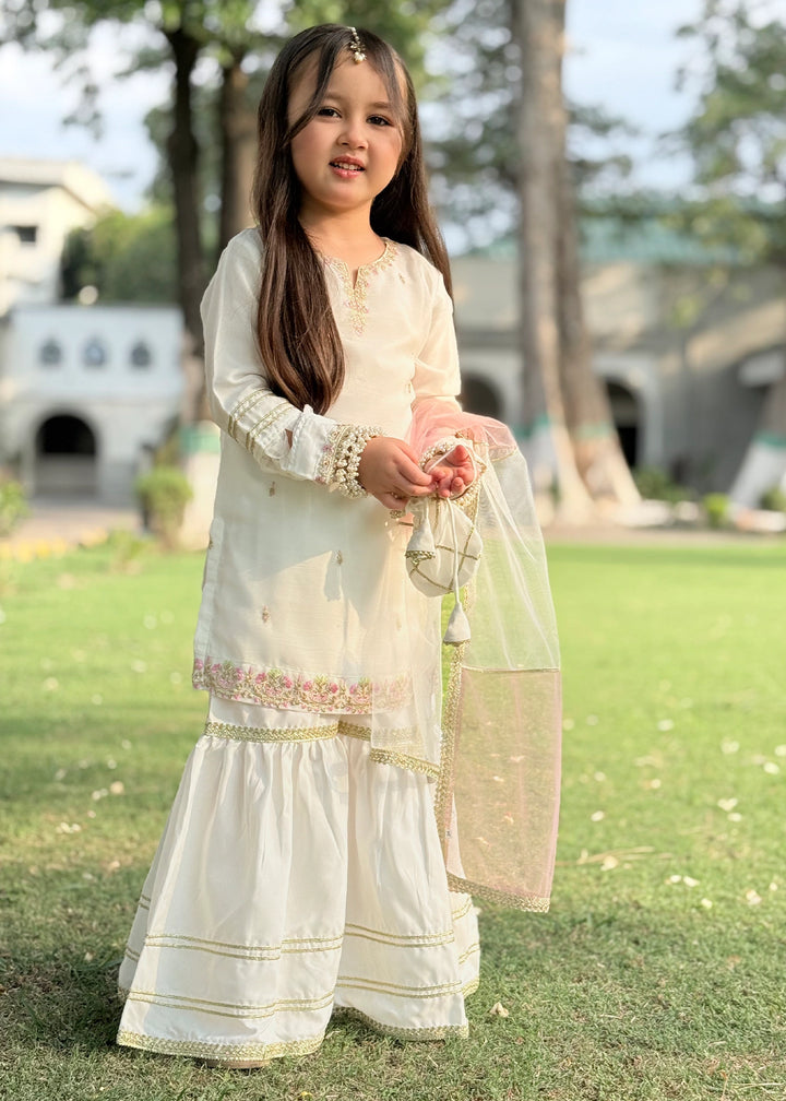 Modest - Chiffon Embroidered Gharara For Girl - White - 3 Piece
