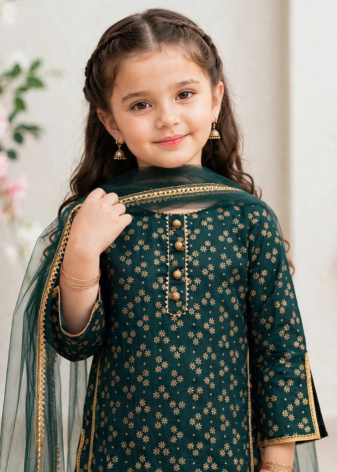 Modest Printed Rawsilk Gharara Green 3 Piece