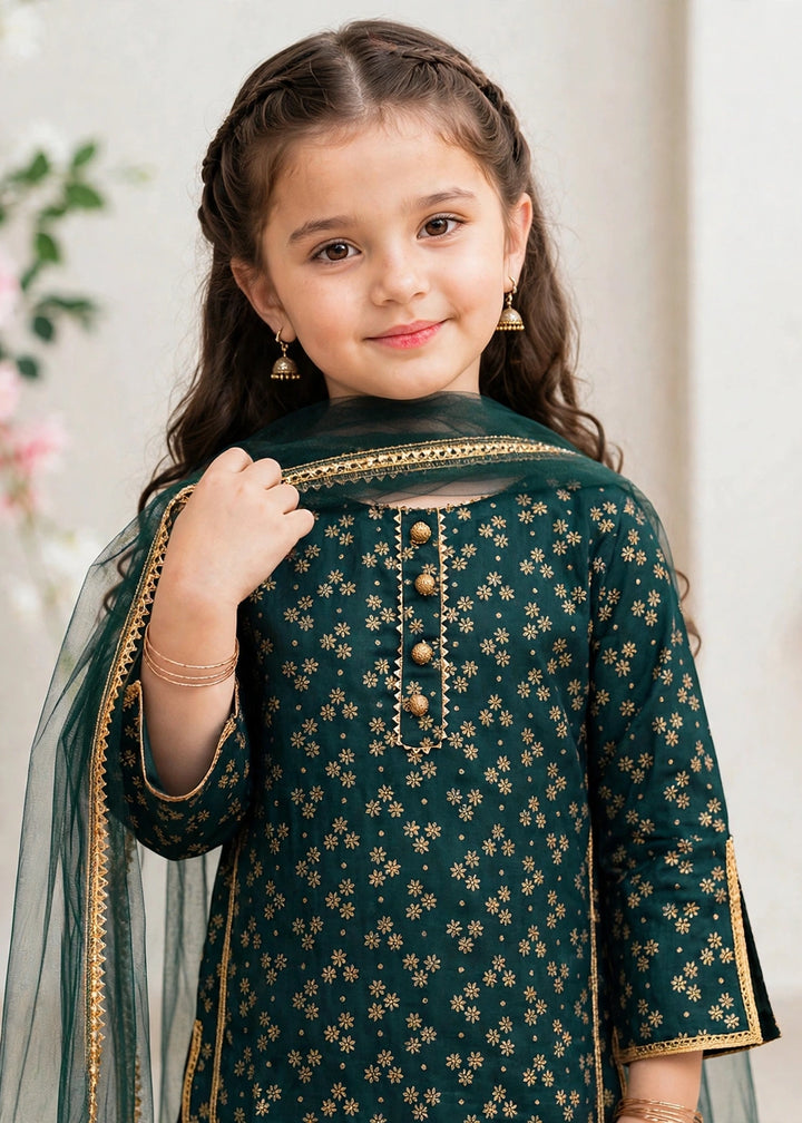 Modest Printed Rawsilk Gharara Green 3 Piece