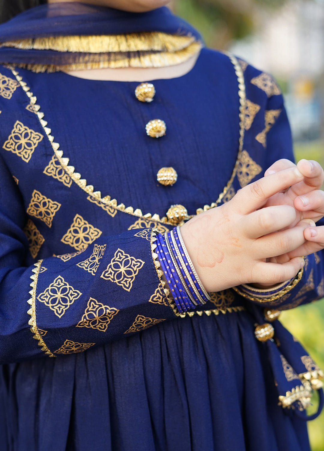 Modest 3 Piece Printed Rawsilk Frock Blue