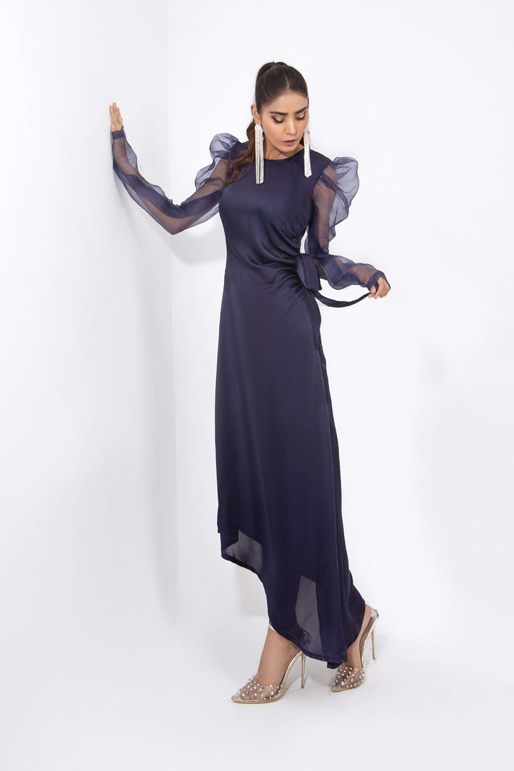 Syah - Organza Puffed Sleeves Dress - Navy Blue - Silk - 1 Piece