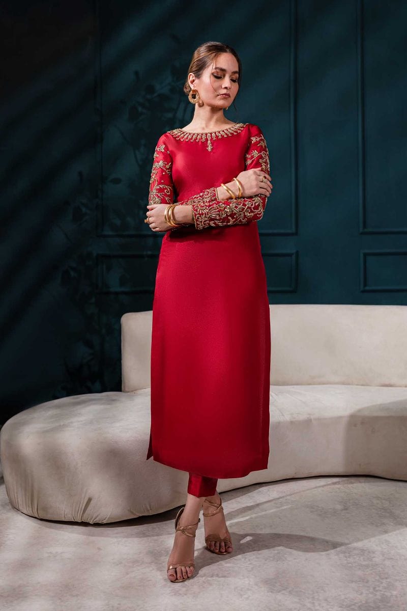 Allure by Ih - EMMA Katan Silk Suit For Women - Maroon - 3 Piece