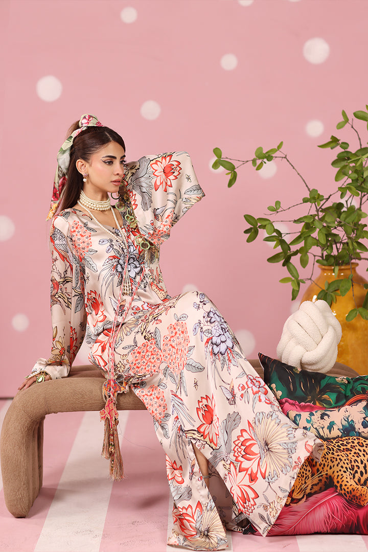Musferah Saad - Imperial Blossom Printed Silk Kaftaan For Women - 2 piece - Studio by TCS