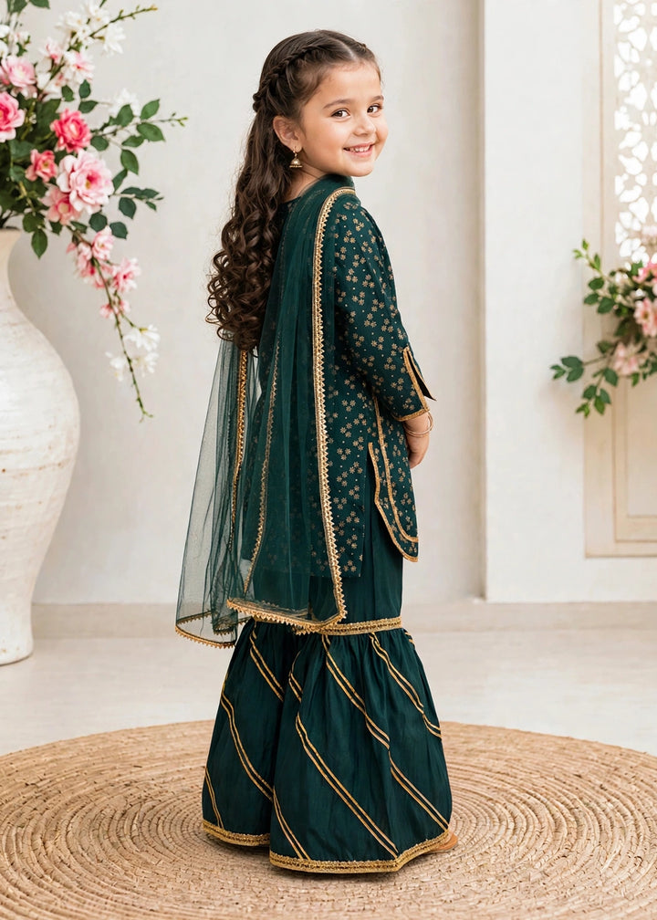 Modest Printed Rawsilk Gharara Green 3 Piece