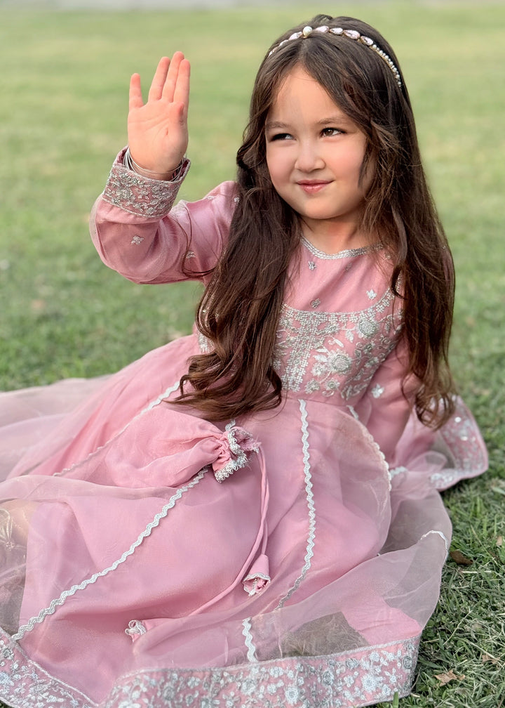 Modest - Tissue Embroidered Frock For Girl - Pink - 3 Piece