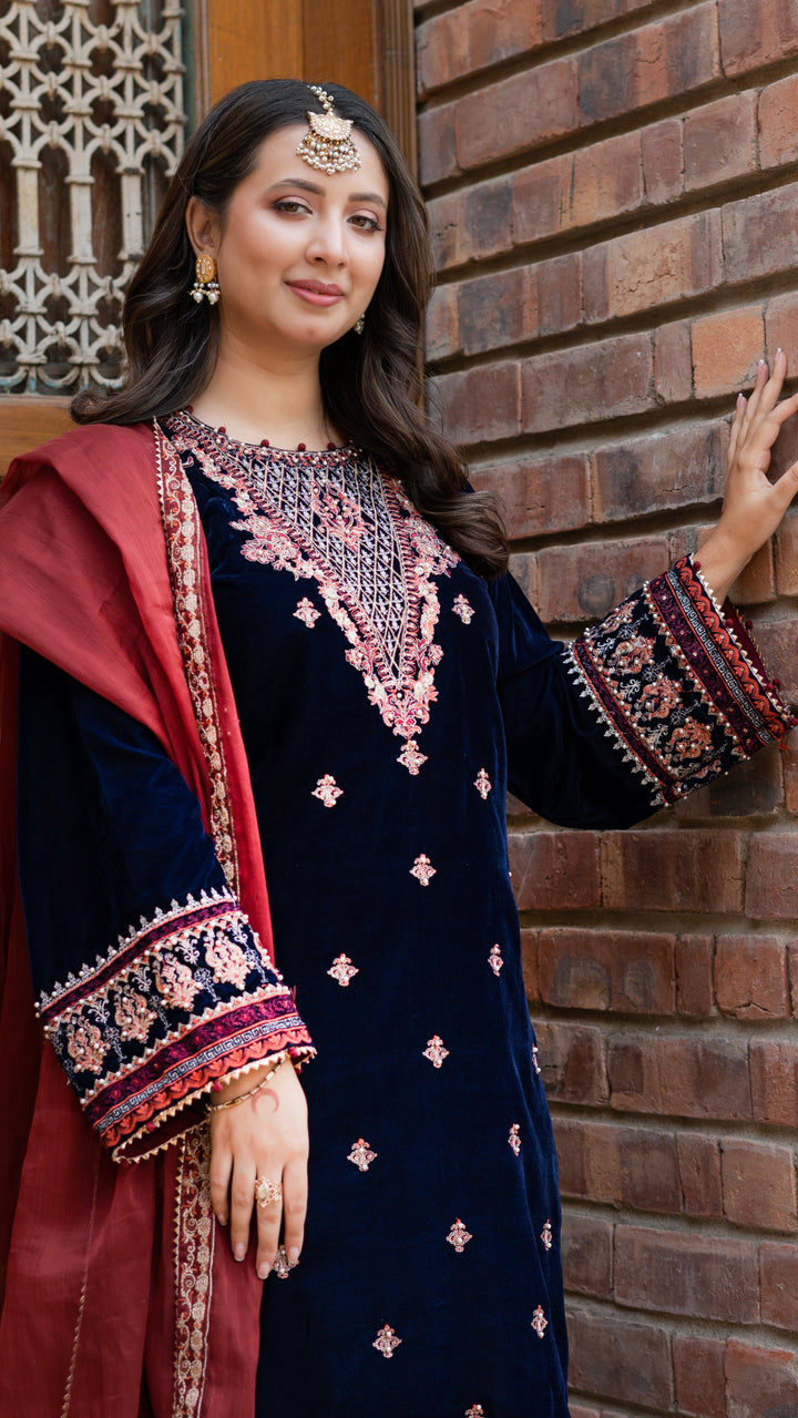 Omal by Komal - Armina - Navy Blue - Velvet & Maysuri - 3 Piece