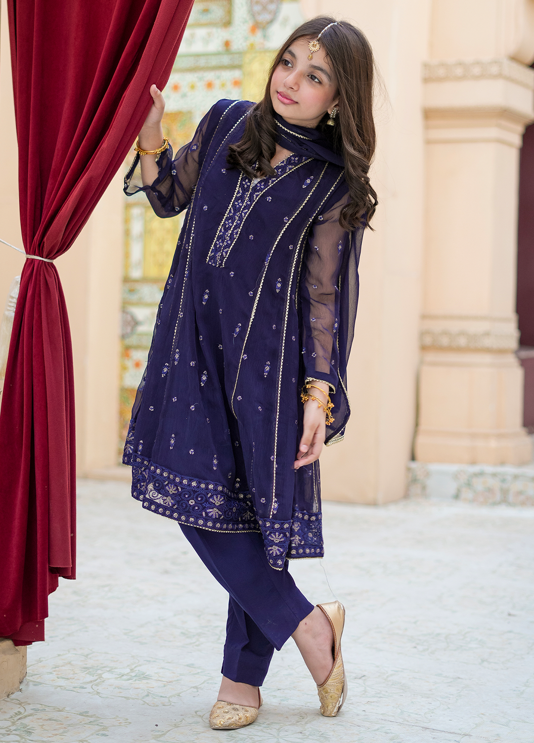 Modest Embroidered Crinkle Suit Blue 3 Piece