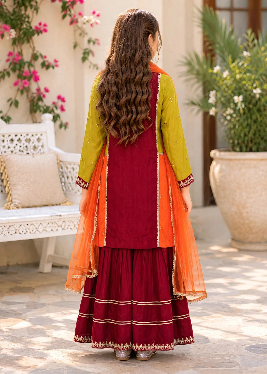 Modest - Rawsilk Embroidered Gharara For Girl - Multi - 3 Piece