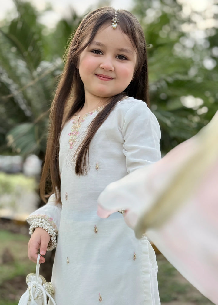 Modest - Chiffon Embroidered Gharara For Girl - White - 3 Piece