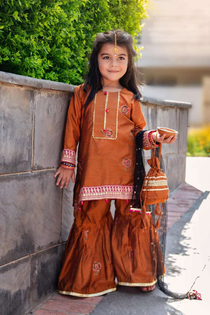 Kidoz Kloset - Mari Gold Embroidered Block Print Gharara Set For Girl