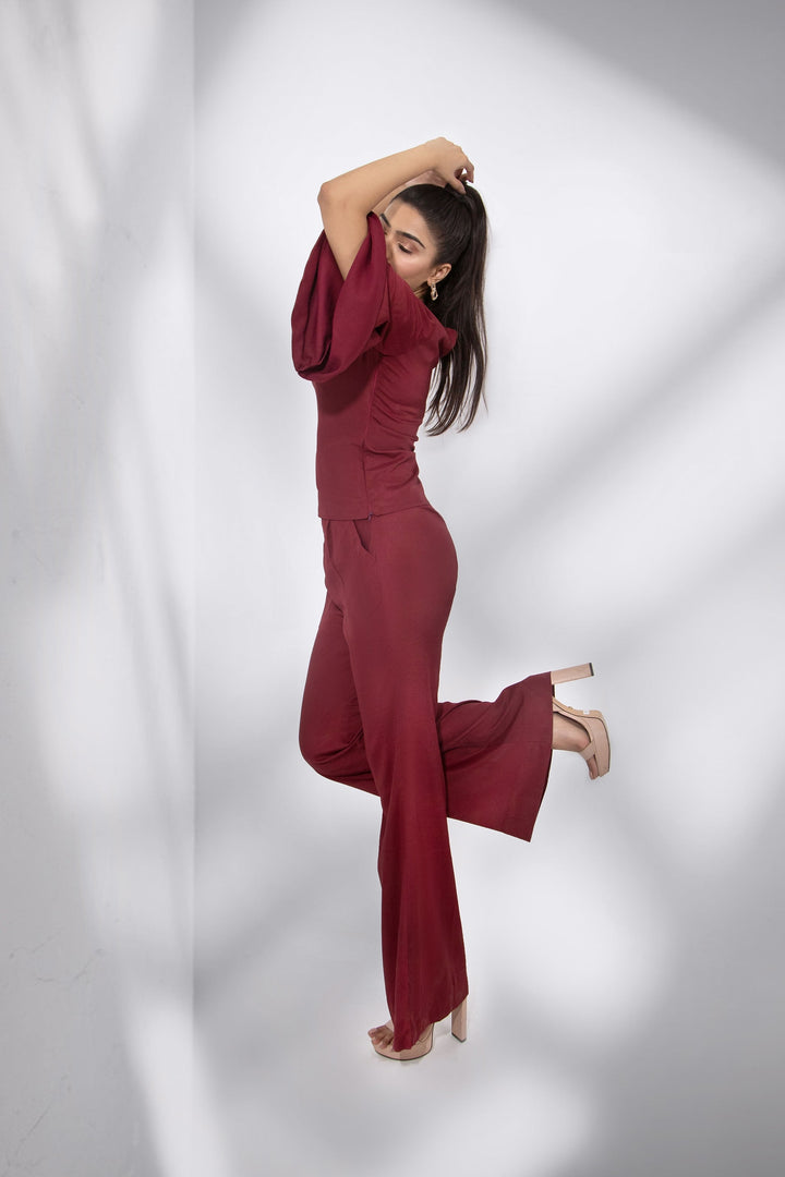 Syah - Casual Top With Trouser - Maroon - Crepe - 2 Piece