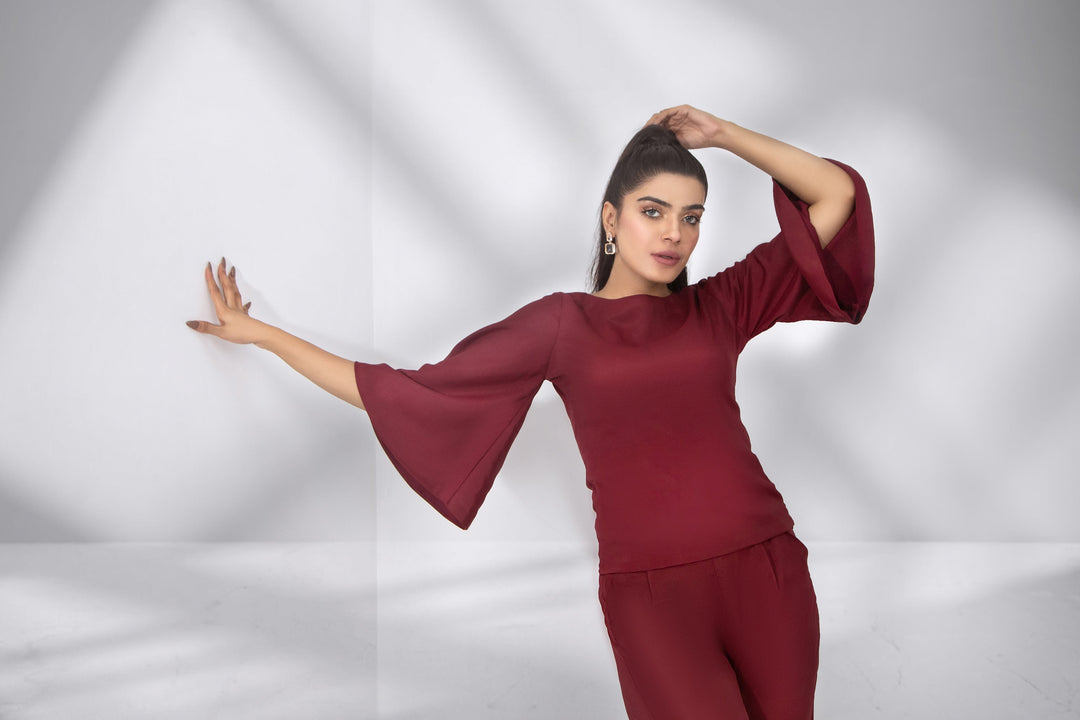 Syah - Casual Top With Trouser - Maroon - Crepe - 2 Piece