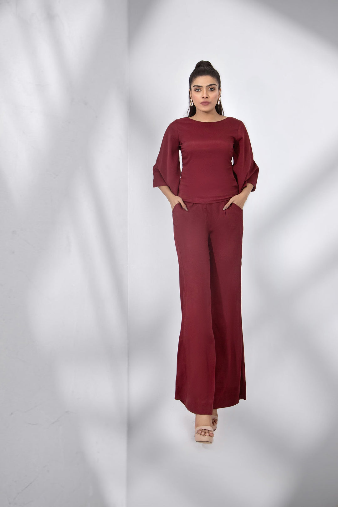 Syah - Casual Top With Trouser - Maroon - Crepe - 2 Piece