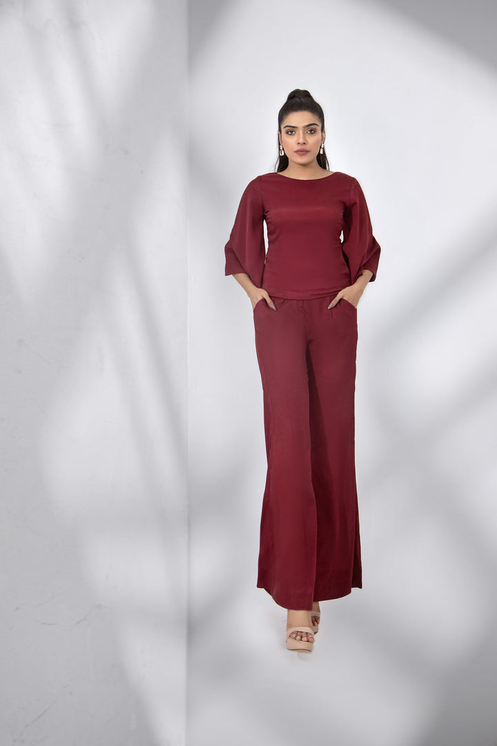 Syah - Casual Top With Trouser - Maroon - Crepe - 2 Piece
