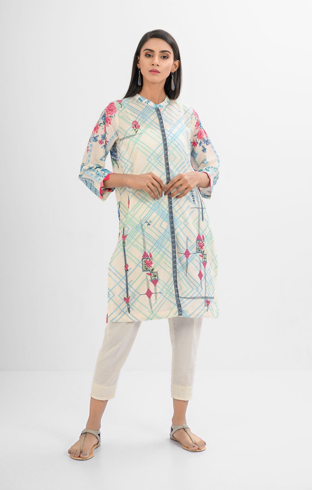 Oaks - Off White with Sea Green Lawn Embroidered Kurti - 1 Piece - Studio by TCS