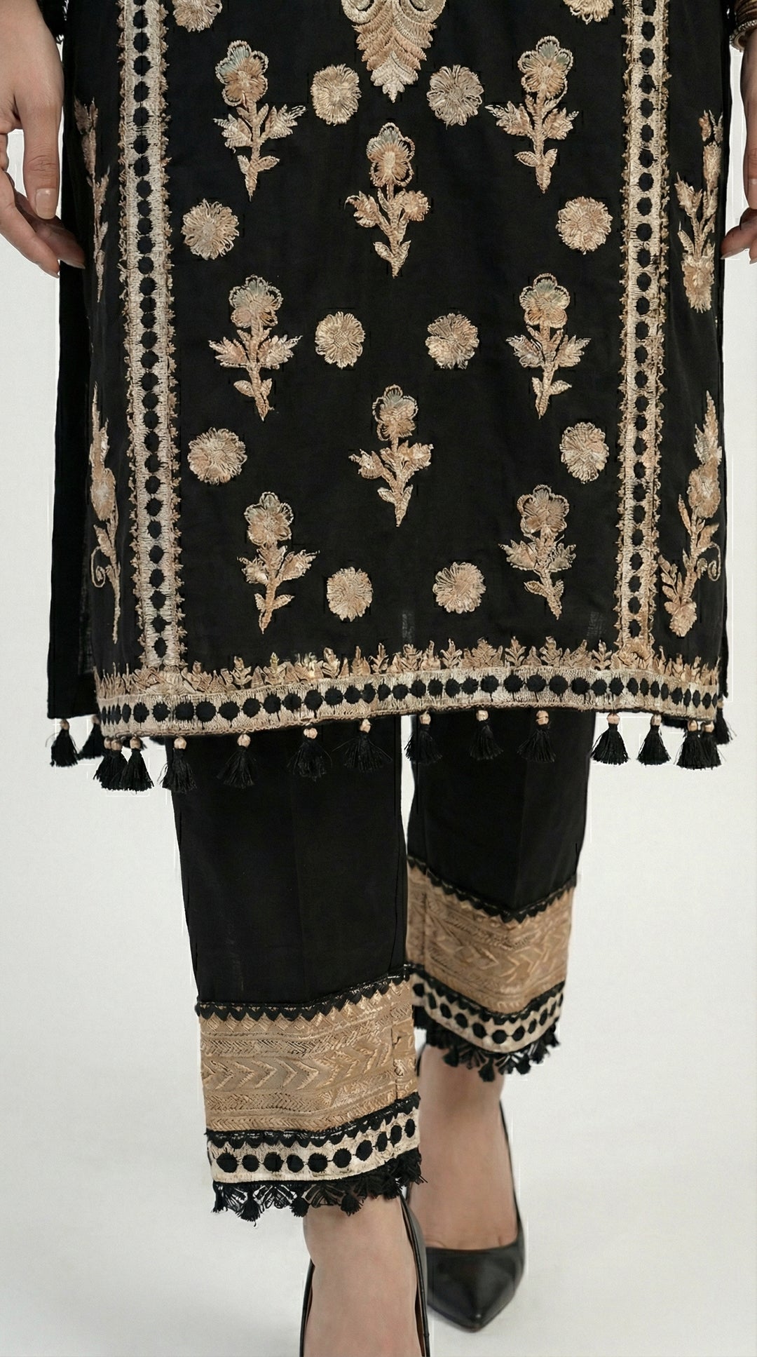 Reema Ahsan - Nivah Khadi Silk Suit For Women - Black and Skin - 3 Piece - Studio by TCS