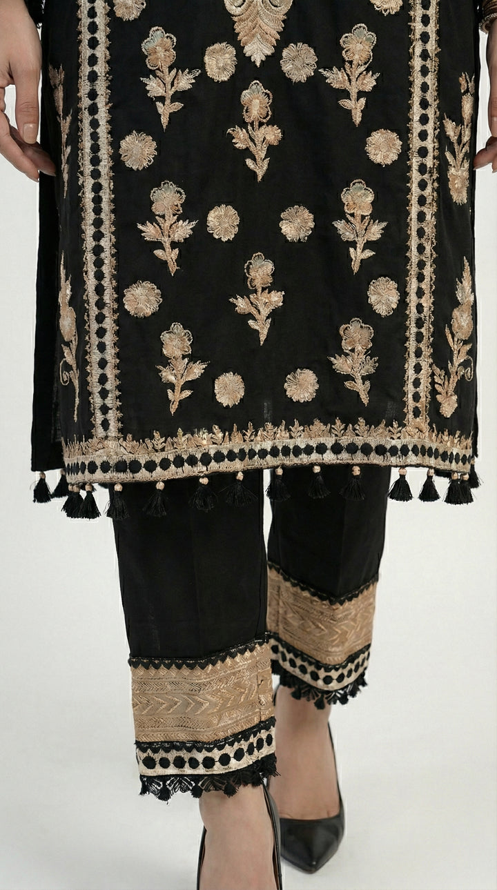 Reema Ahsan - Nivah Khadi Silk Suit For Women - Black and Skin - 3 Piece - Studio by TCS