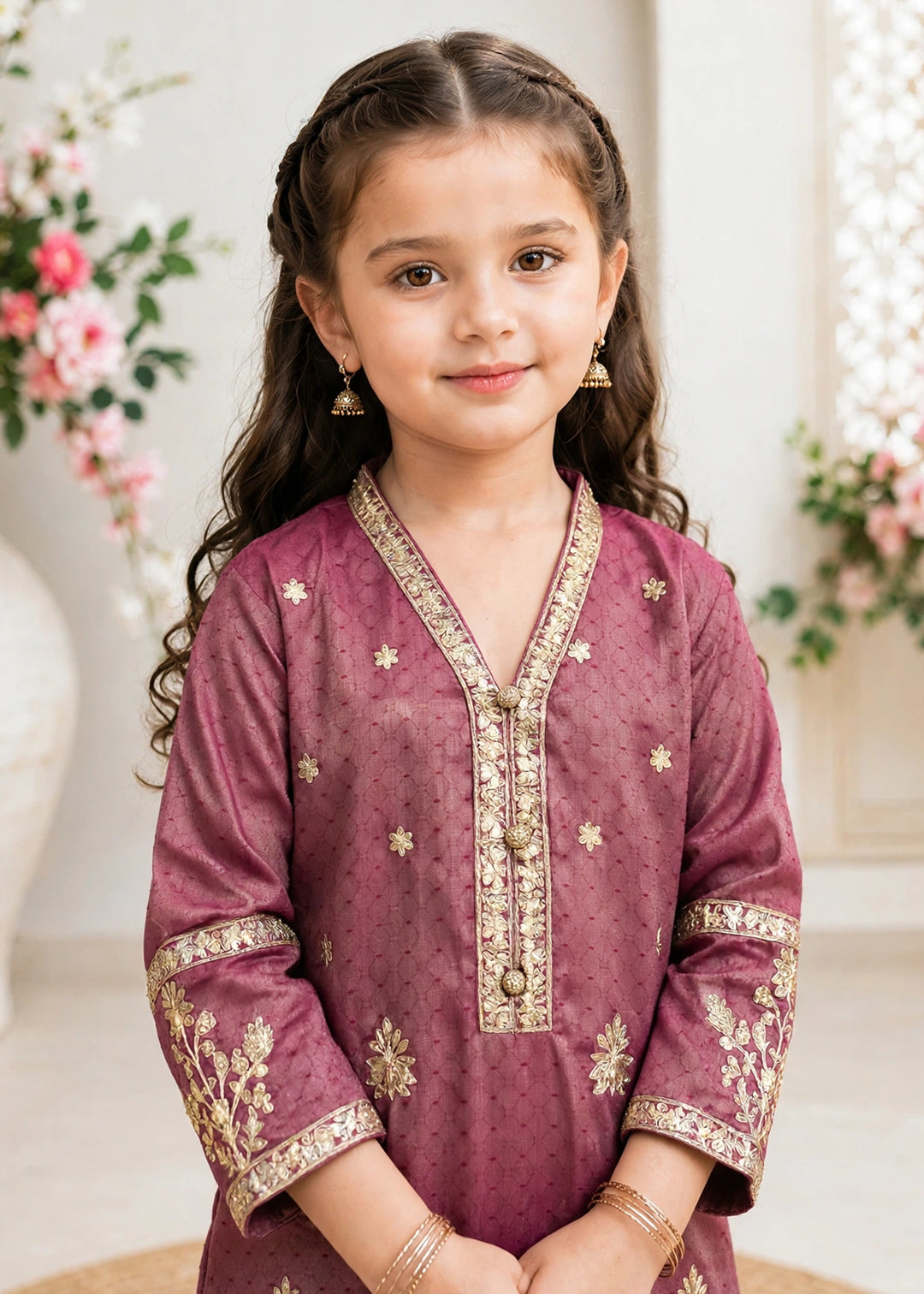 Modest - Maysuri Embroidered Suit For Girl - Maroon - 3 Piece