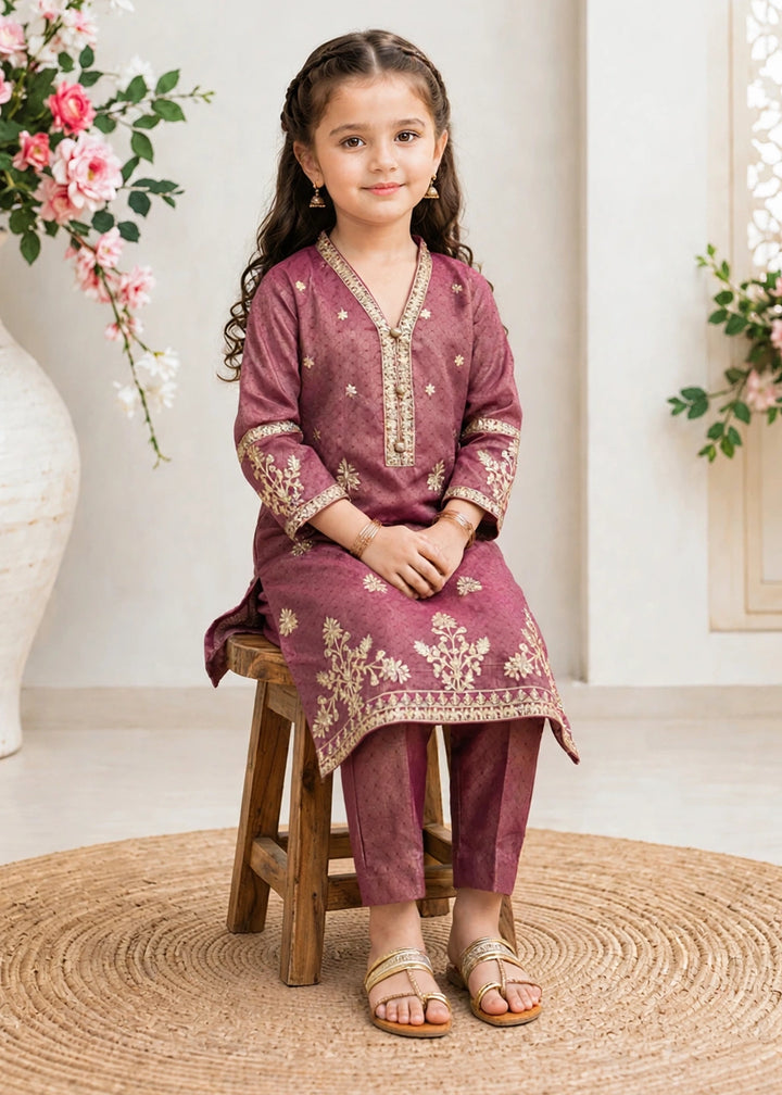 Modest - Maysuri Embroidered Suit For Girl - Maroon - 3 Piece