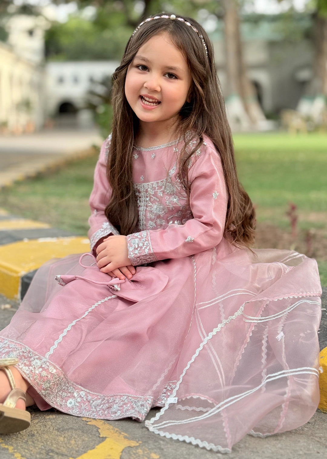 Modest - Tissue Embroidered Frock For Girl - Pink - 3 Piece