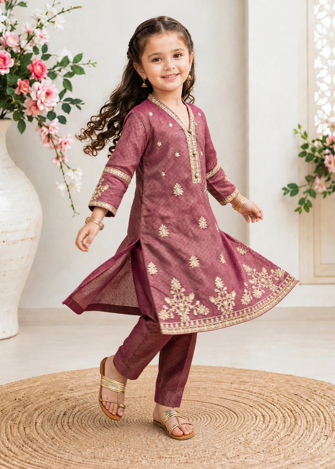 Modest - Maysuri Embroidered Suit For Girl - Maroon - 3 Piece