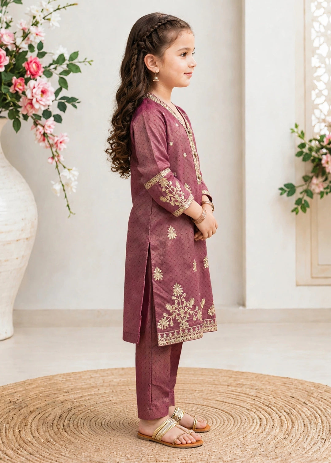 Modest - Maysuri Embroidered Suit For Girl - Maroon - 3 Piece