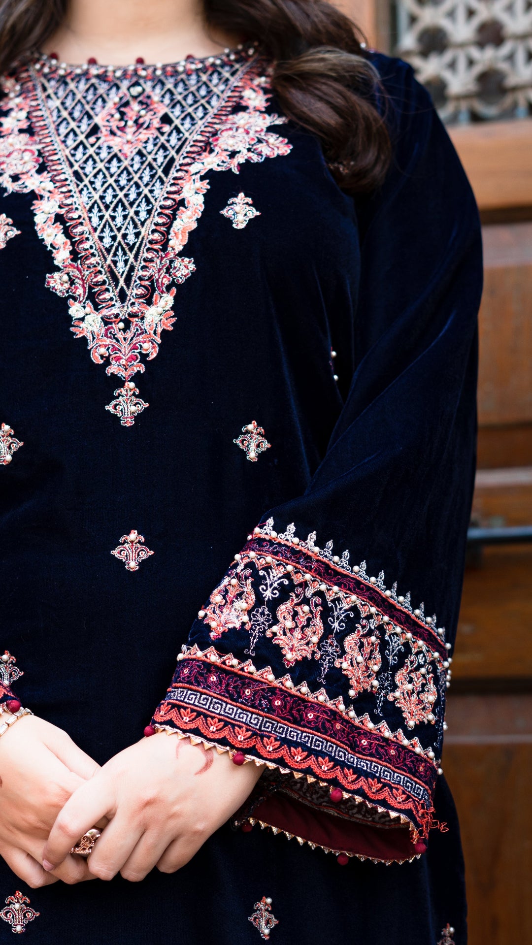 Omal by Komal - Armina - Navy Blue - Velvet & Maysuri - 3 Piece