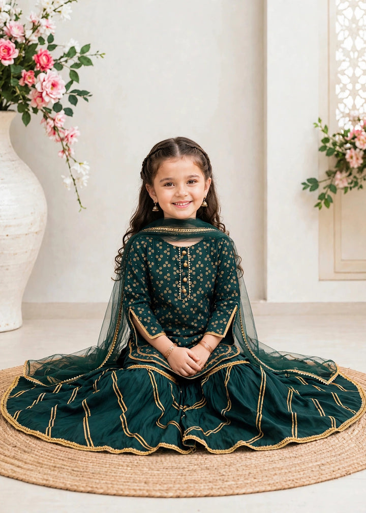 Modest Printed Rawsilk Gharara Green 3 Piece