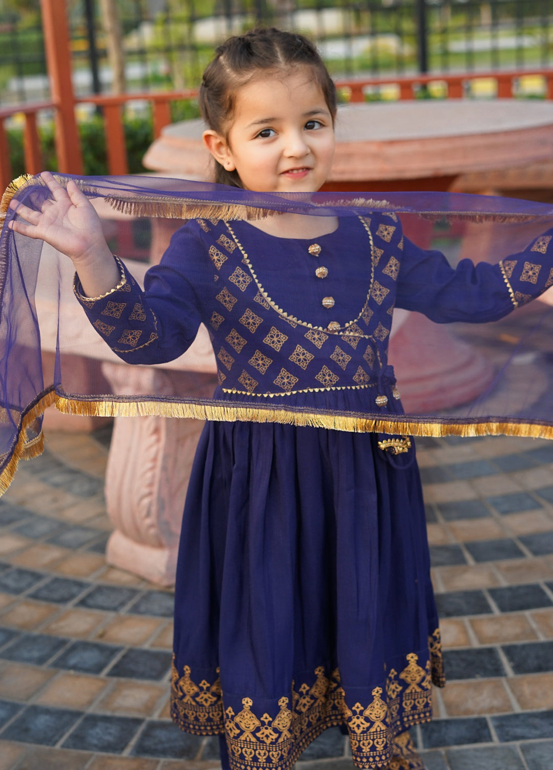 Modest 3 Piece Printed Rawsilk Frock Blue