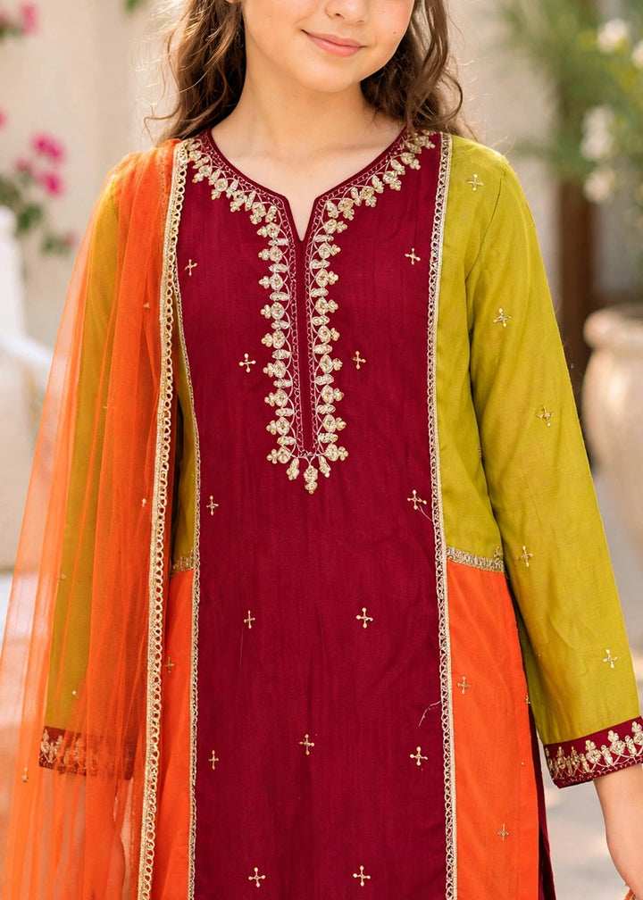 Modest - Rawsilk Embroidered Gharara For Girl - Multi - 3 Piece