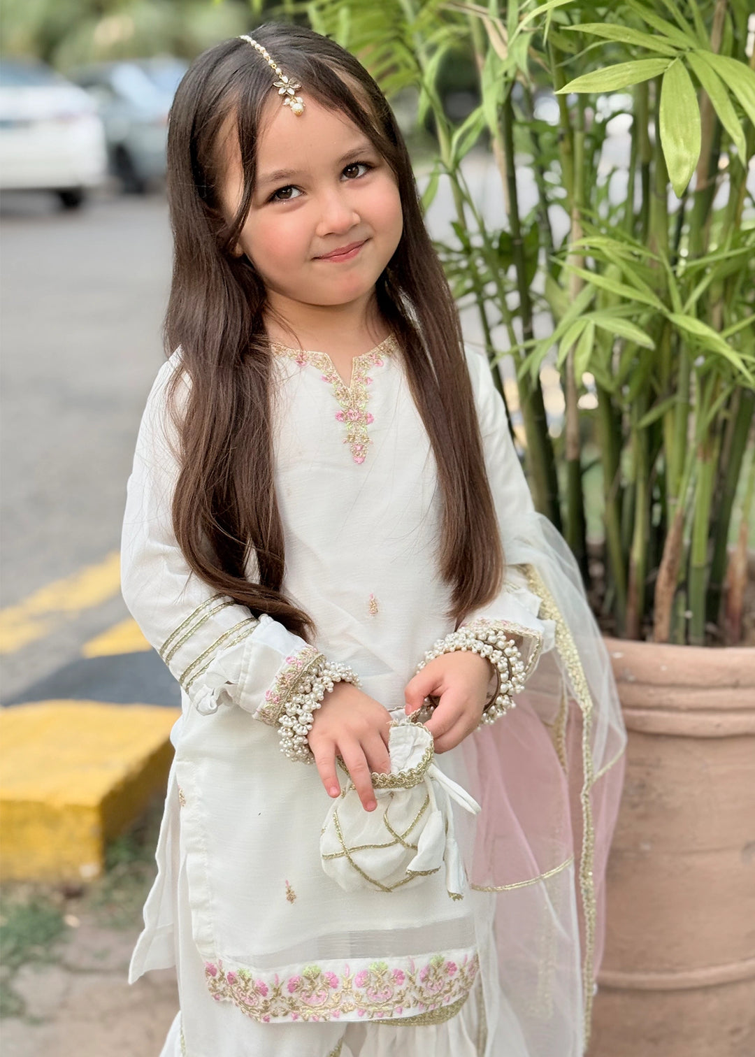 Modest - Chiffon Embroidered Gharara For Girl - White - 3 Piece