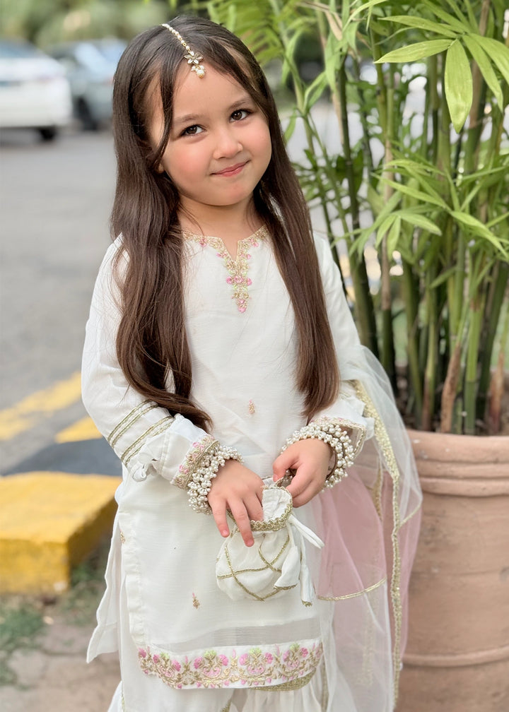 Modest - Chiffon Embroidered Gharara For Girl - White - 3 Piece