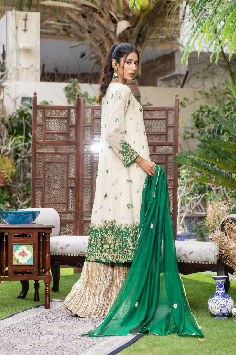 Khayal By Shaista Hasan - Beige and Emerald green - Pure Cotton - 3 Piece