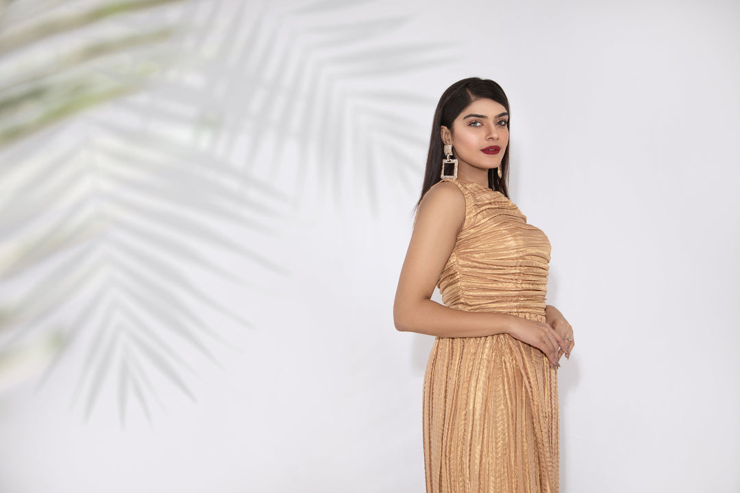 Syah - Crushed Sleeveless Dress - Gold - Masuri - 1 Piece