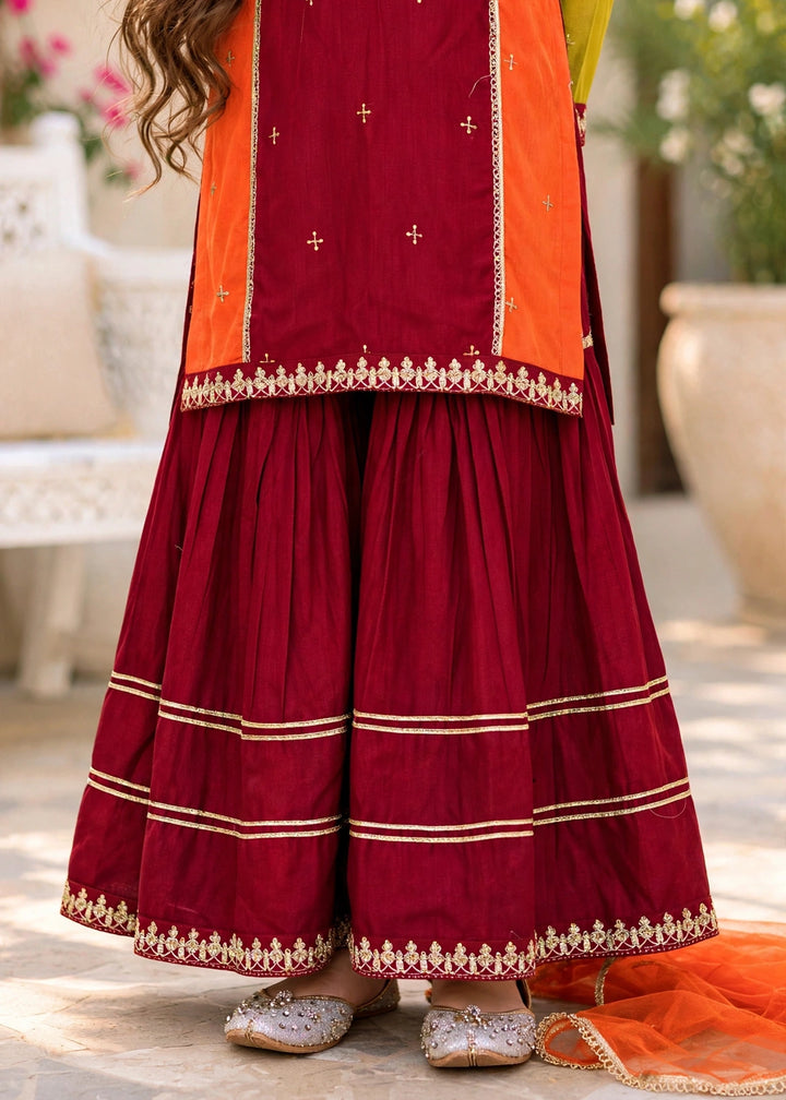 Modest - Rawsilk Embroidered Gharara For Girl - Multi - 3 Piece