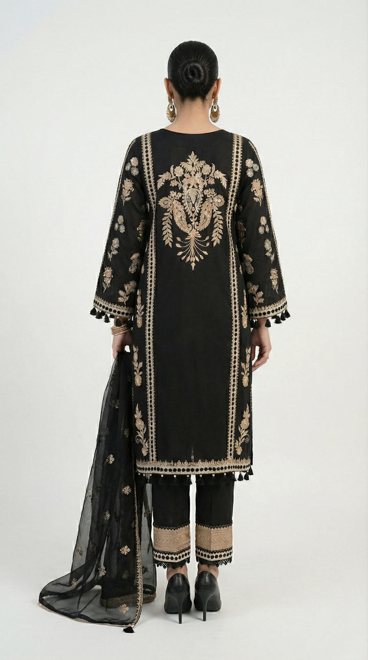 Reema Ahsan - Nivah Khadi Silk Suit For Women - Black and Skin - 3 Piece - Studio by TCS