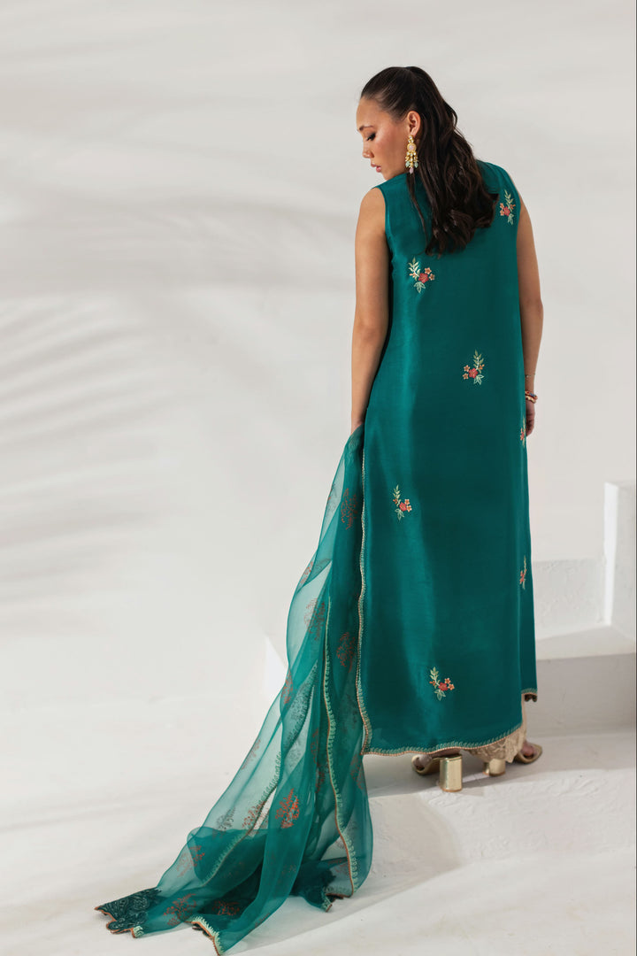 Shehrnaz - Emerald Green Silk Embroidered Tunic Set - Emerald Green - 3 Piece - Studio by TCS