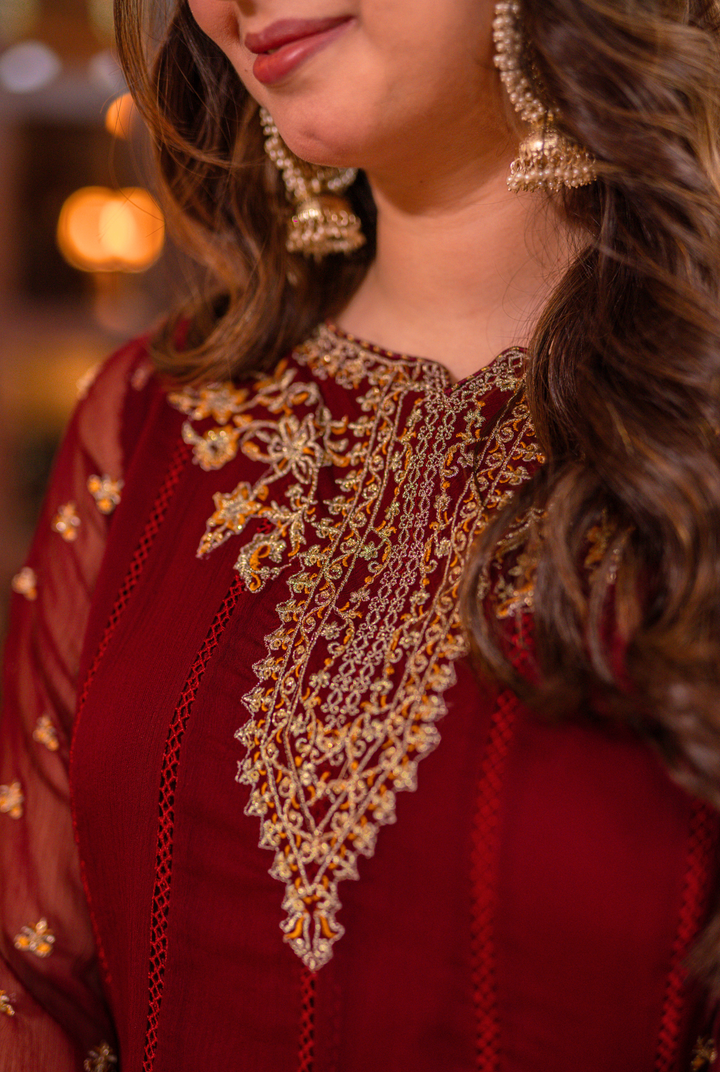 Omal by Komal - Mehrbano (Frock & Dupatta) - Maroon - Chiffon - 2 Piece