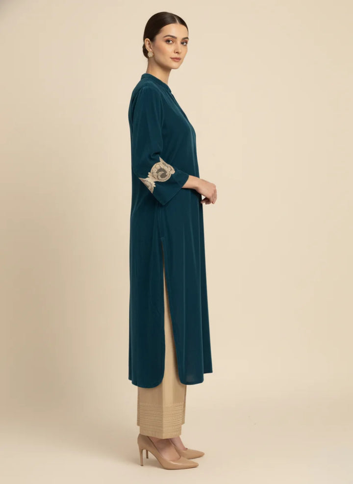 Shehrnaz - Celene Teal Turquoise Velvet/Raw Silk Suit For Women - 3 Piece