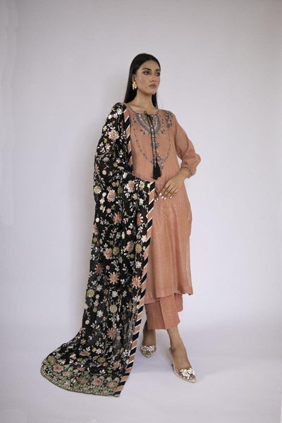 Sadia Aamir - Azara - Tea Pink Khaddi Net Shirt and Silk Culottes with Chiffon Dupatta - 3 Piece - Studio by TCS