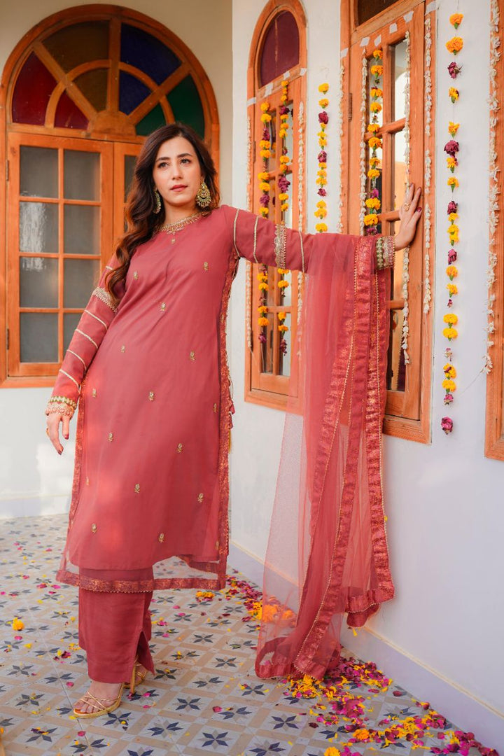 Omal by Komal - SOHA Suit - Carrot pink - Net & Raw Silk - 3 Piece