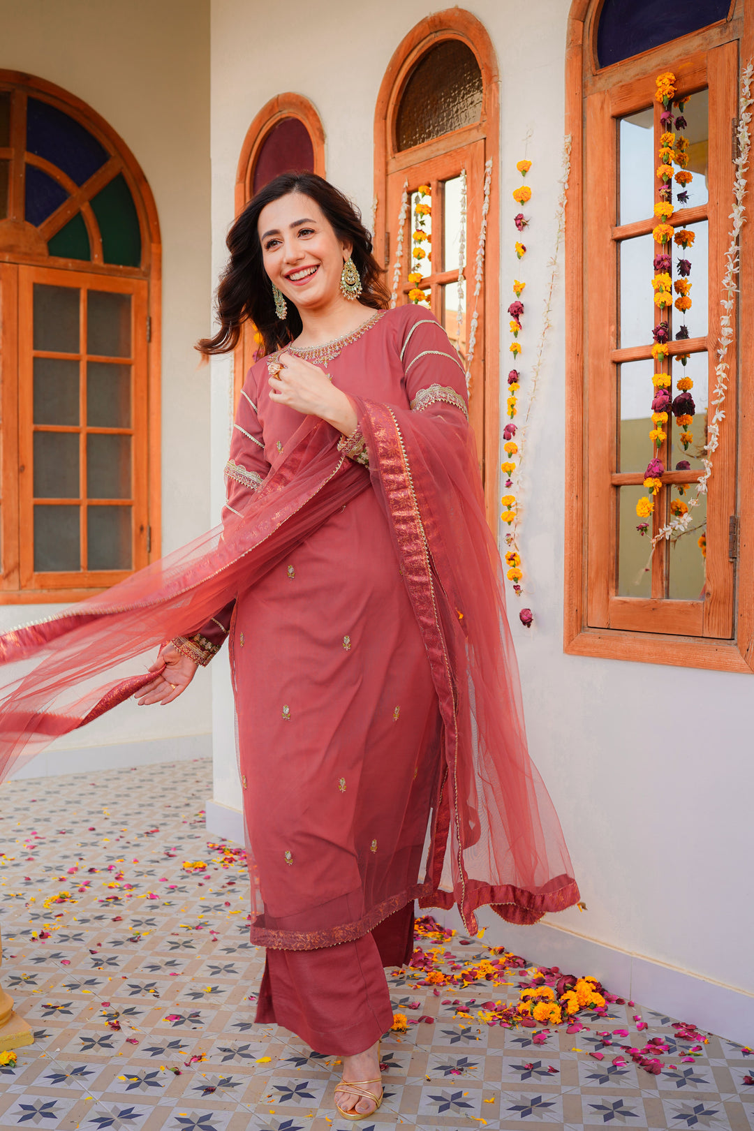 Omal by Komal - SOHA Suit - Carrot pink - Net & Raw Silk - 3 Piece